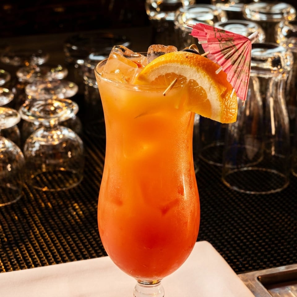 Tropical orange and red cocktail with an orange slice and pink umbrella on a bar.