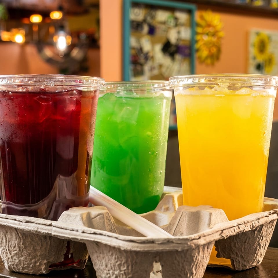 Three colorful iced drinks in a cardboard carrier on a wooden counter in a restaurant.