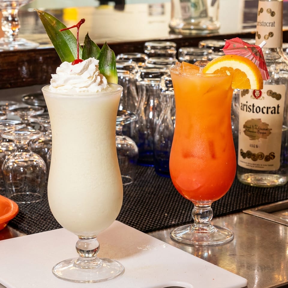 White creamy cocktail and orange layered cocktail with garnishes on a bar counter.
