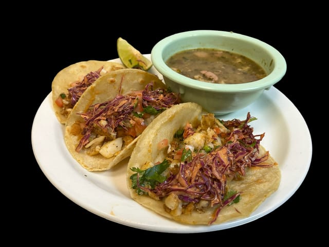 3 Tilapia Tacos Con Frijoles Charros.