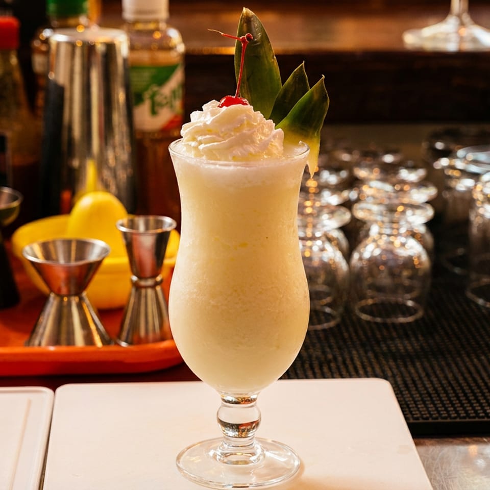A blended piña colada cocktail with whipped cream, cherry, and pineapple leaves at a bar.