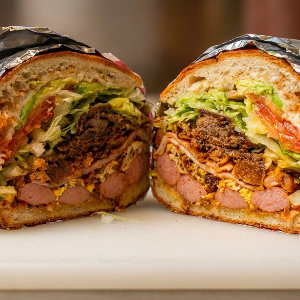 Two halves of a loaded sandwich, wrapped in foil, revealing meat, hot dogs, lettuce, and tomato.
