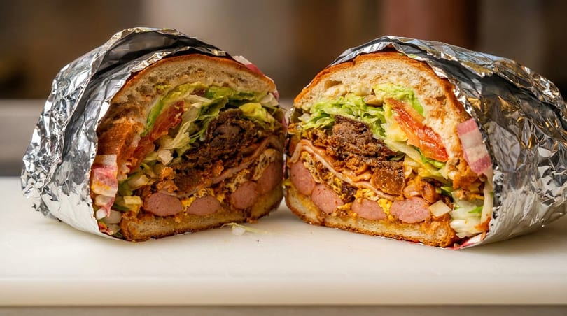 Giant sandwich cut in half, wrapped in foil, revealing layers of meat, hot dogs, lettuce, and tomato.