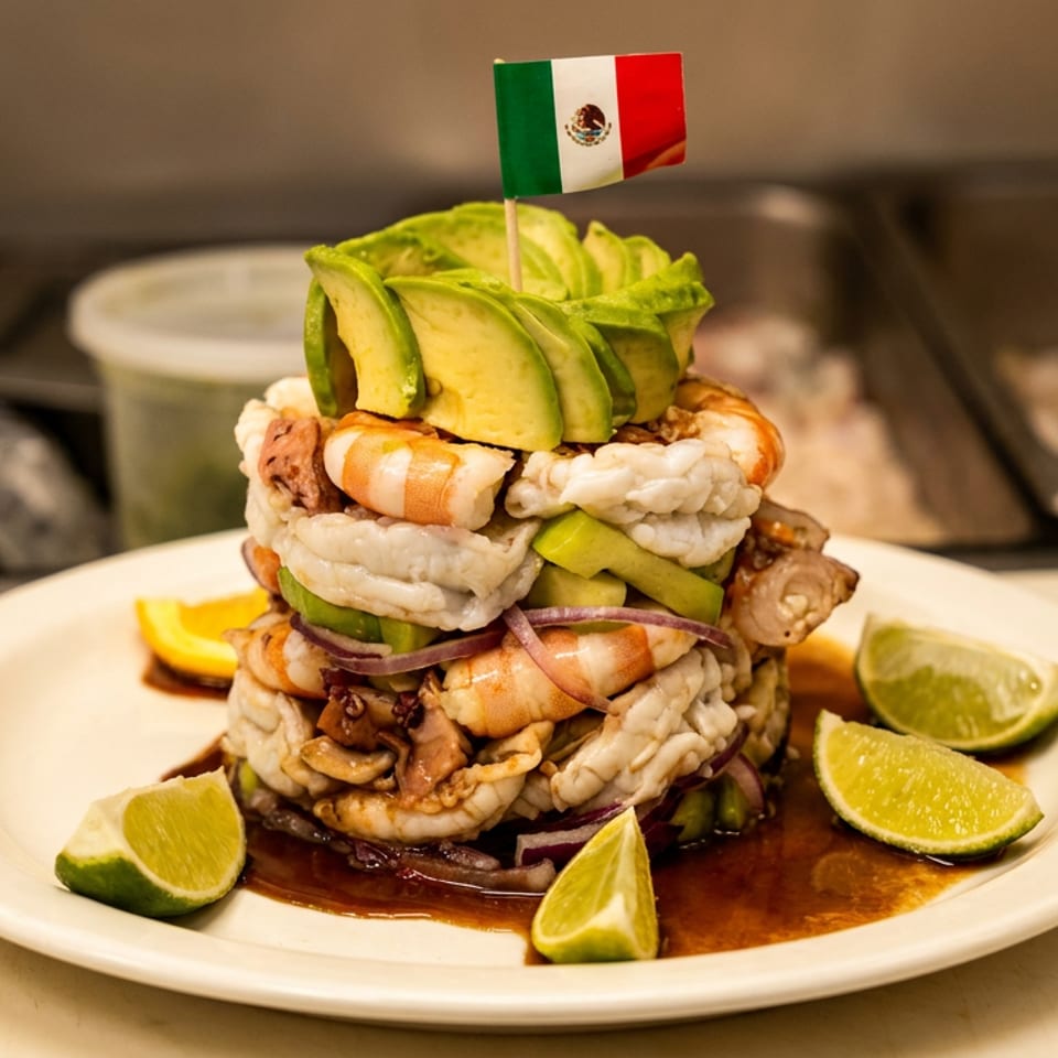 Mexican seafood cocktail with shrimp, avocado, red onion, limes, and a small flag.