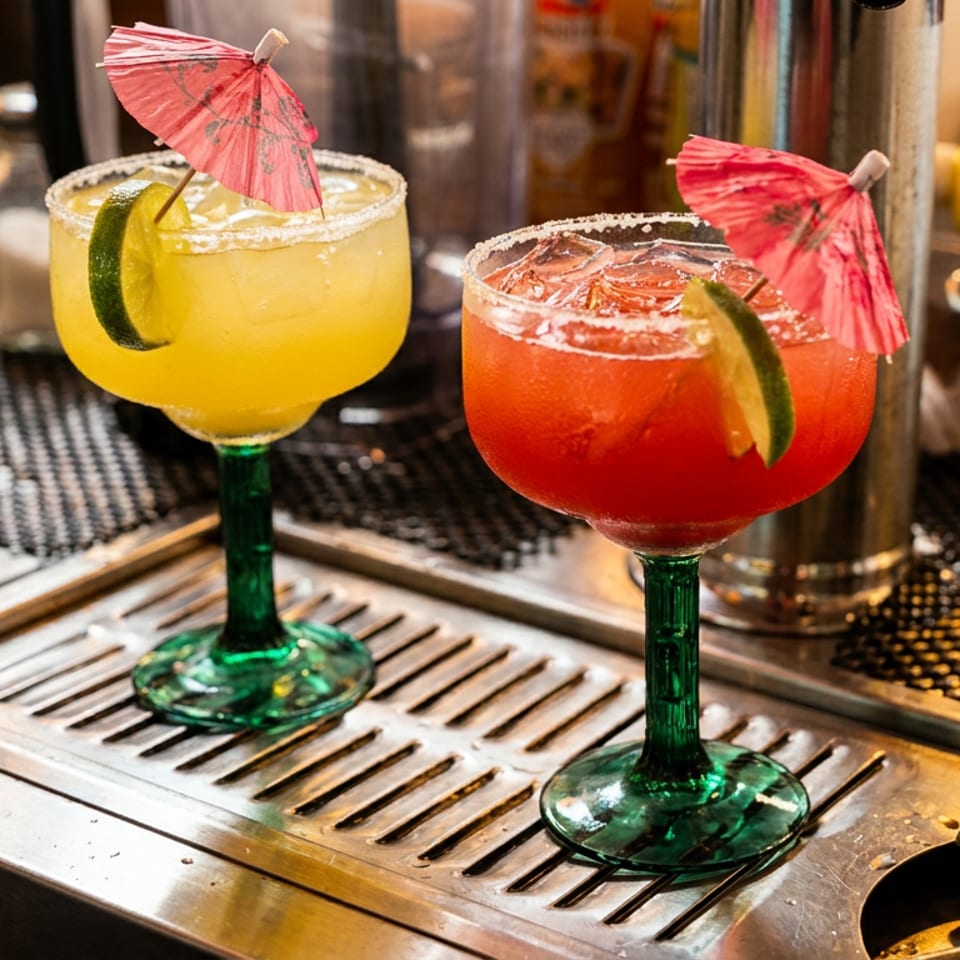 Two colorful cocktails in green-stemmed glasses, garnished with lime wedges and pink paper umbrellas, sit on a bar counter.