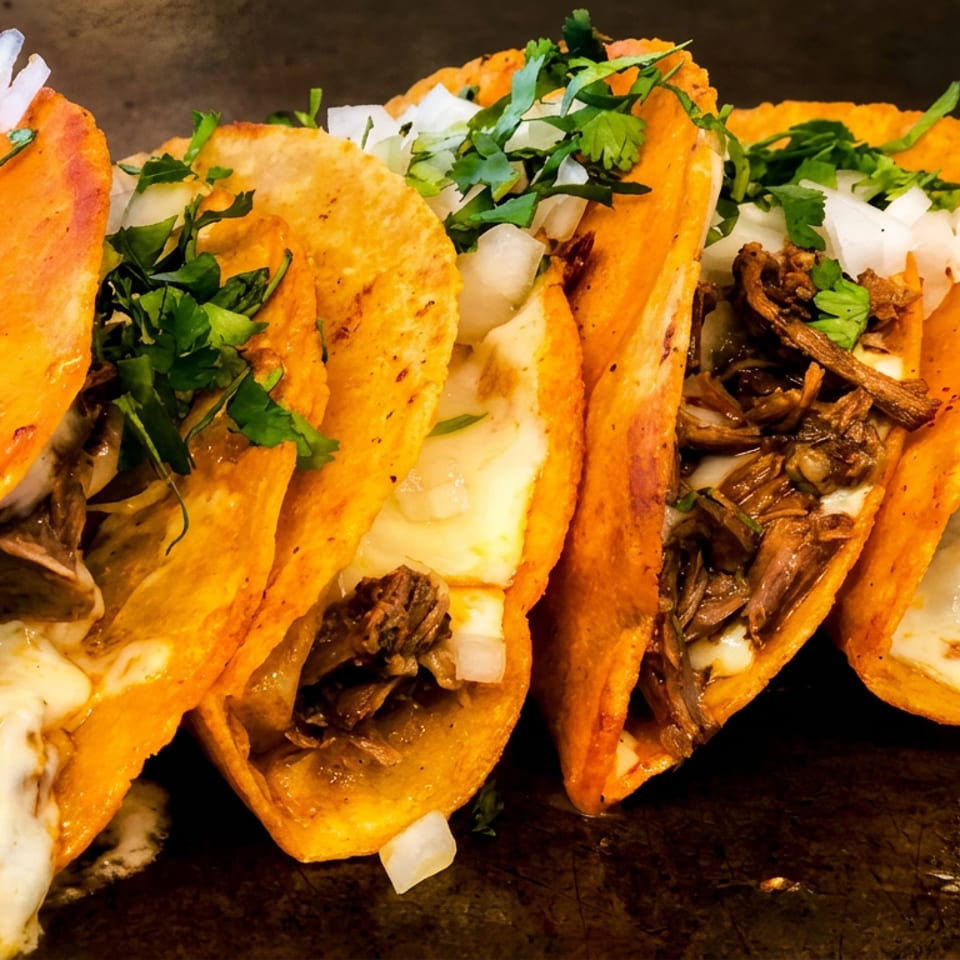 Four cheesy birria tacos with shredded meat, onions, and cilantro on a dark surface.