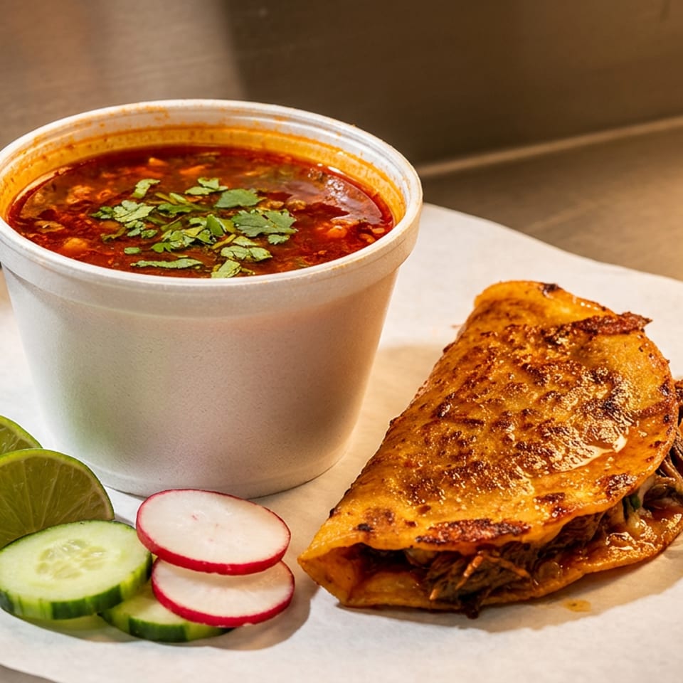 Birria taco with consommé, lime, cucumber, and radish on white paper.