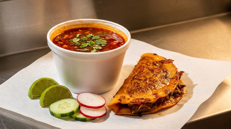 Birria taco with consommé, lime, cucumber, and radish on white paper.
