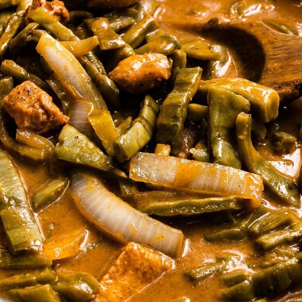 Stew with meat, green cactus paddles, and onions in a rich red sauce, stirred by a wooden spoon.