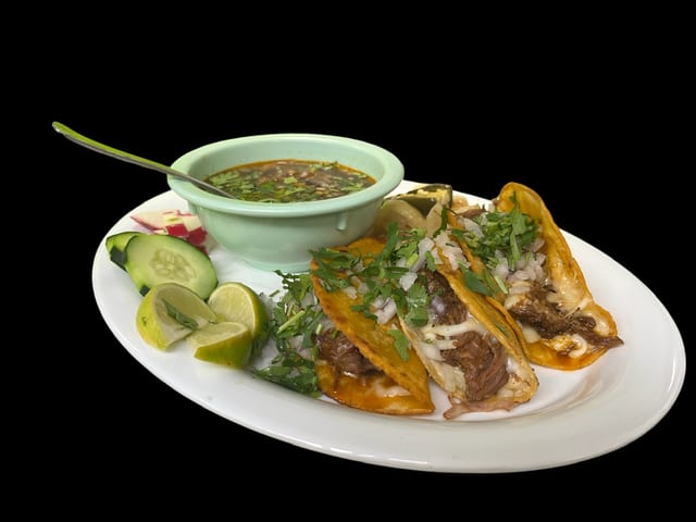 3 Quesabirria Tacos R, B&Consome.