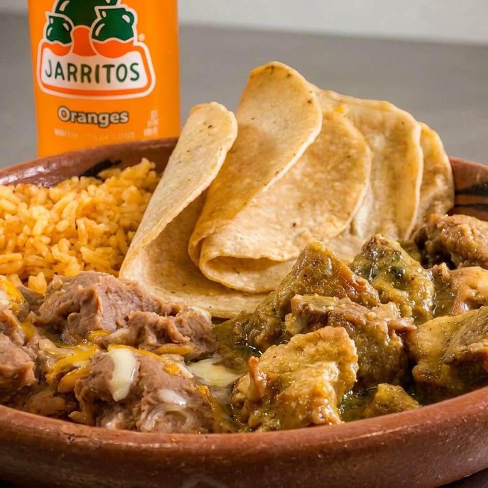 Mexican meal in a clay bowl with rice, beans, meat, tortillas, and an orange Jarritos.