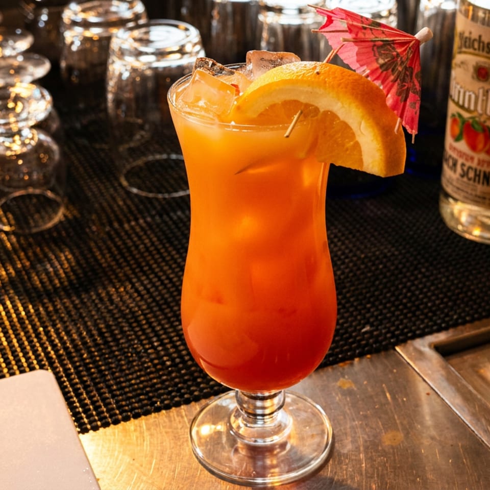 Vibrant orange cocktail garnished with a grapefruit slice and pink paper umbrella on a busy bar counter.