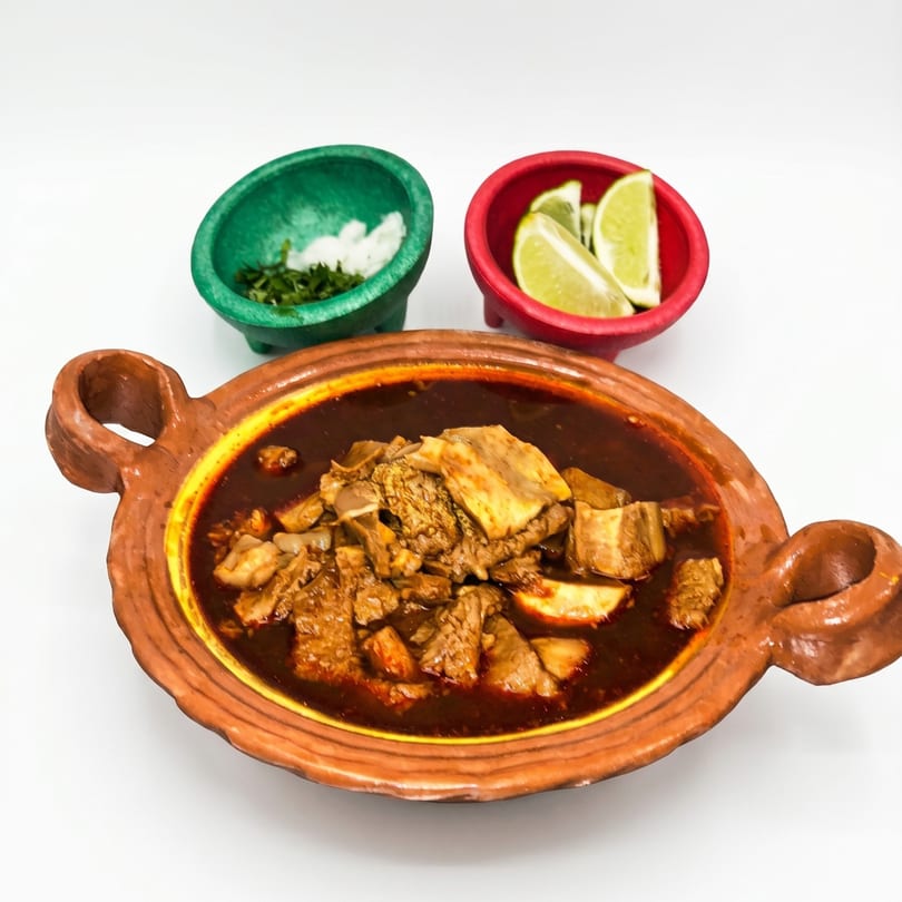 Hearty Mexican stew with meat in a rustic clay bowl, served with lime, cilantro, and onions.