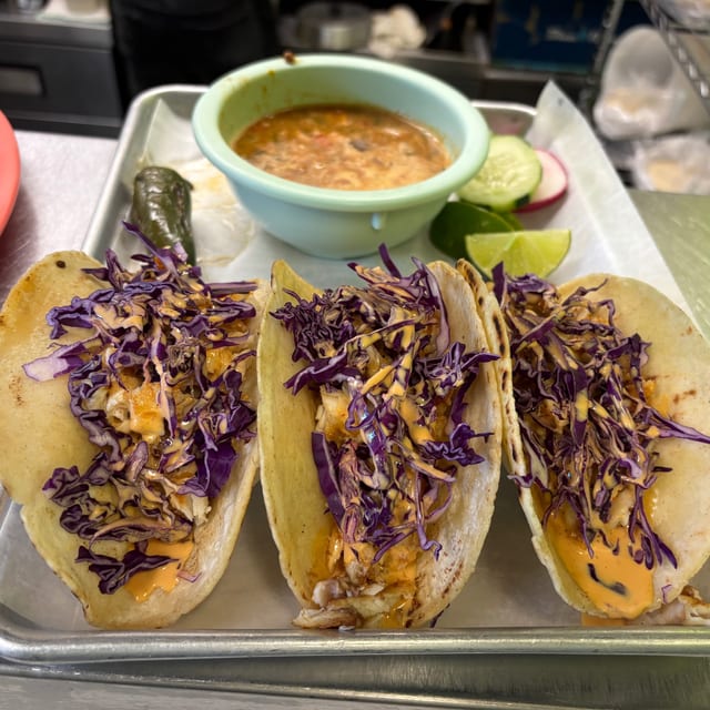 3 Shrimp Tacos & Frijoles Charros.