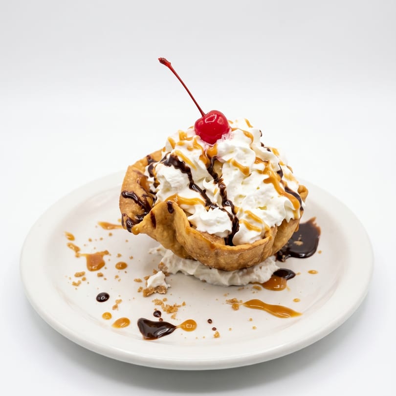 Fried ice cream dessert in a crispy shell, topped with whipped cream, chocolate, caramel, and a cherry.