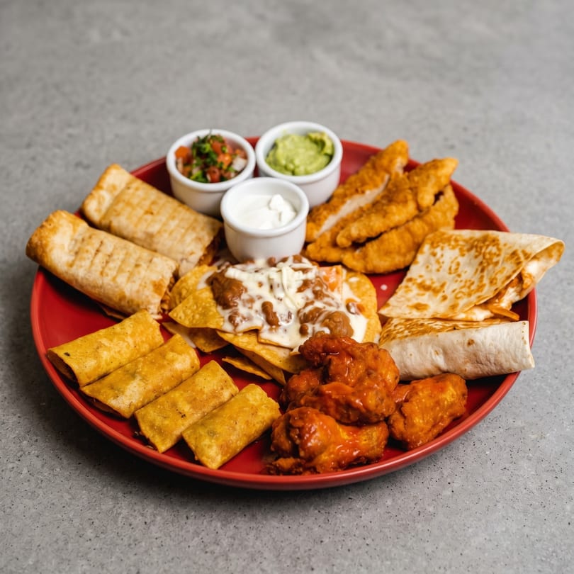 A red plate filled with nachos, chicken tenders, quesadillas, burritos, and buffalo wings with dips.