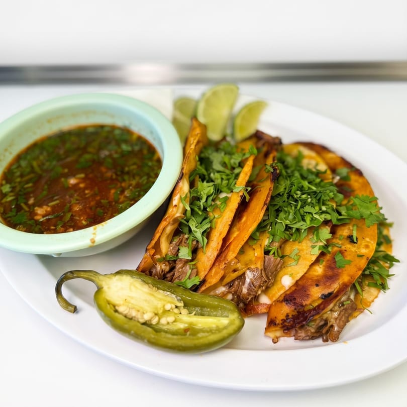 Birria tacos with cilantro, lime wedges, a side of consommé, and a sliced jalapeño.