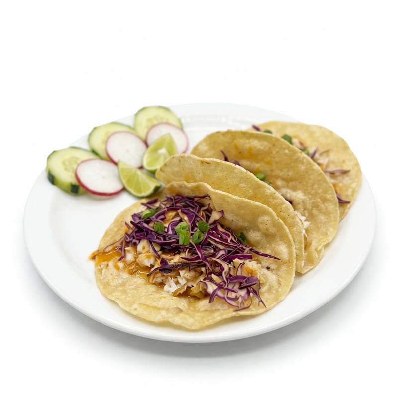 Three fish tacos with purple cabbage, green onions, and sauce, served with cucumber, radish, and lime.